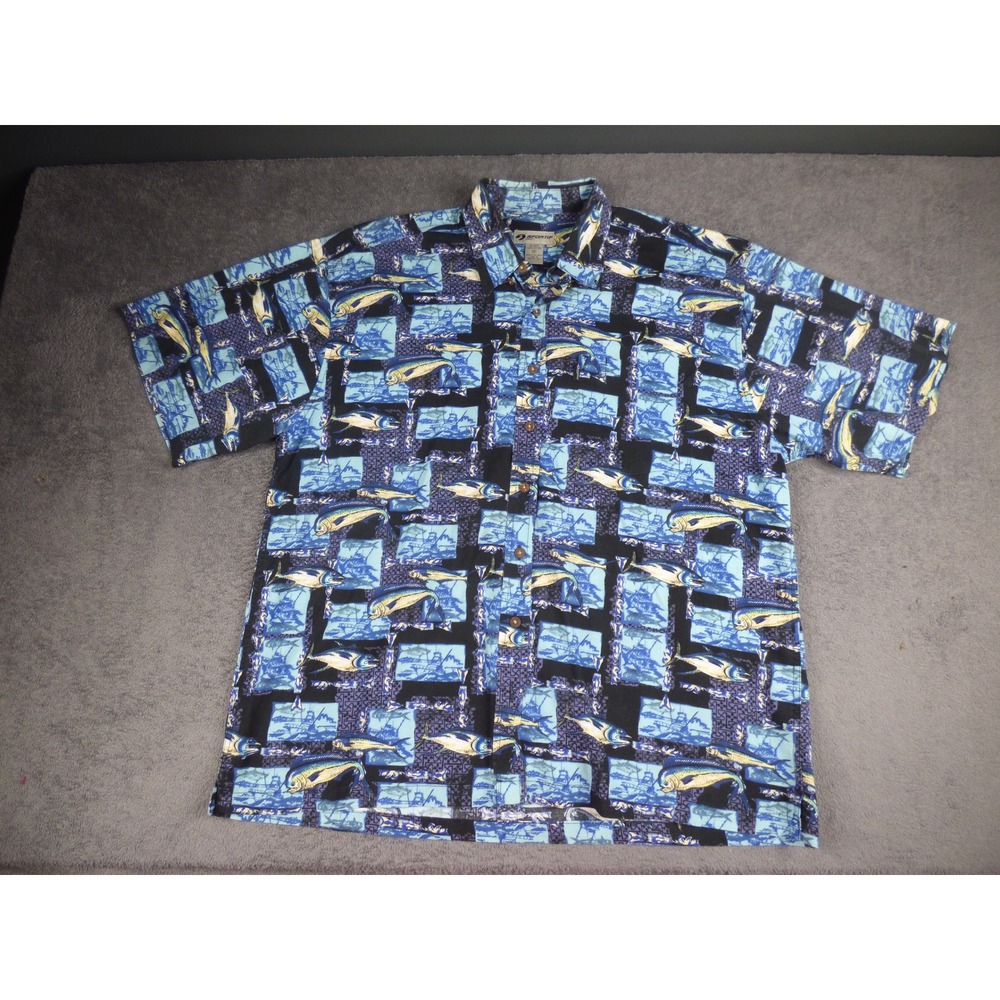 Sportif USA Mens XL Fishing Shirt Short Sleeve Blue Mahi Marlin Nautical Cotton